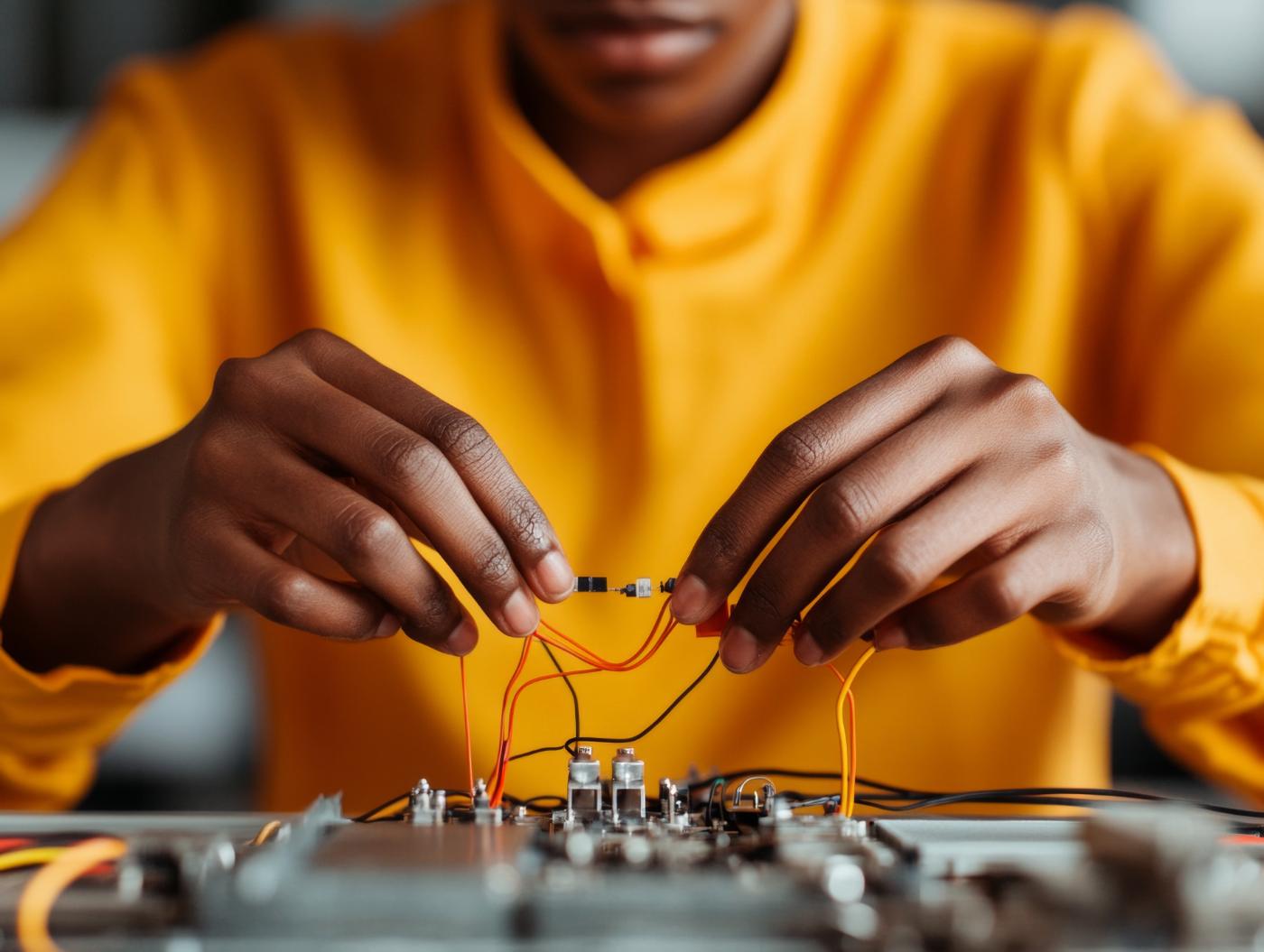 A student connecting components on a training rig